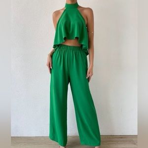 Green two piece set halter top and high waisted pants size XS
